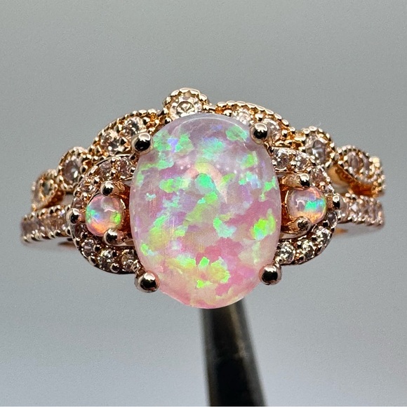 New Pink Faux Opal Diamond White CZ Rose Gold Ring Set Vintage Style Art Deco - Picture 3 of 6